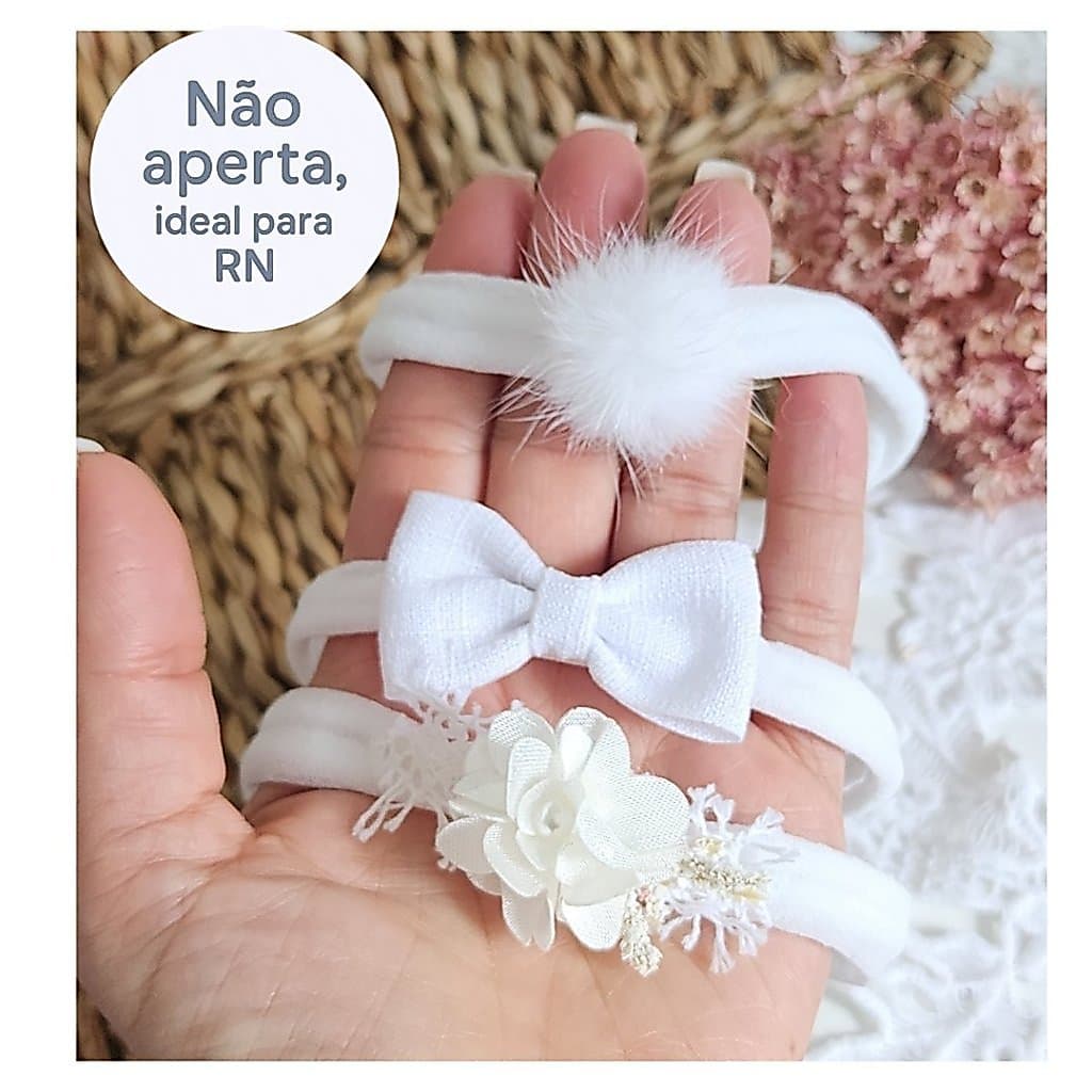 kit 3 Tiaras  tecido branca para Bebê Menina | Mini Laços de Tecido RN | Kit Acessórios batizado