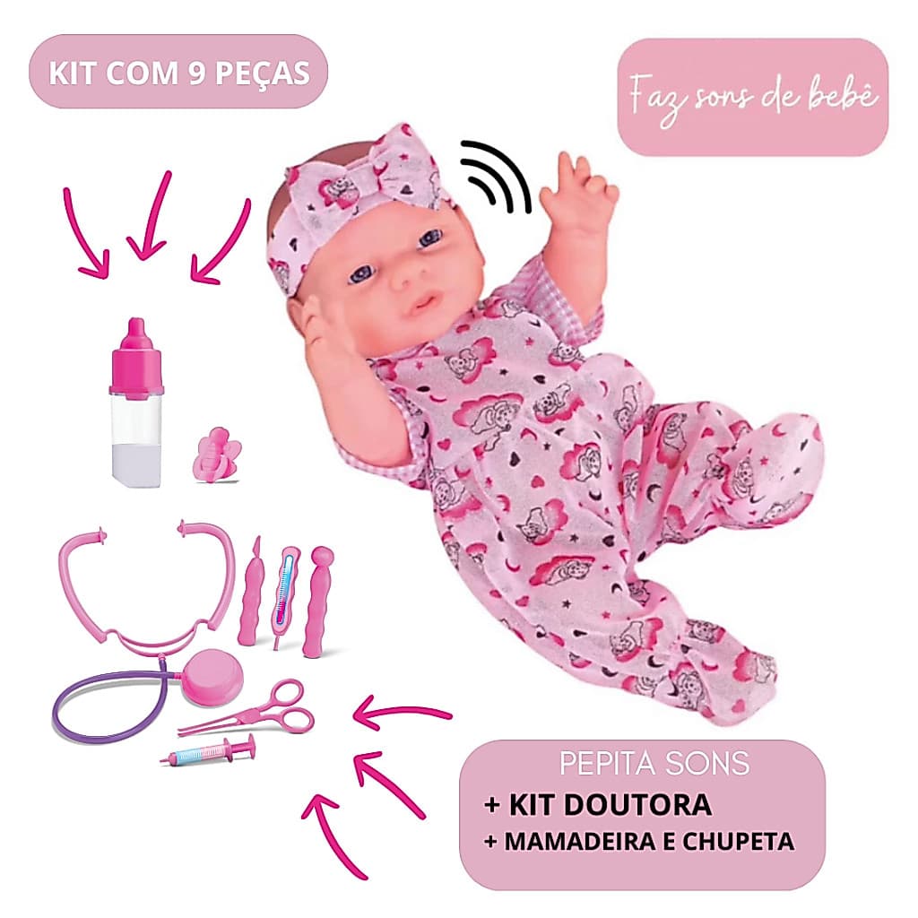 Boneca Pepita Sons de Bebê com Mamadeira Chupeta e Kit Doutora Brinquedo Interativo Infantil