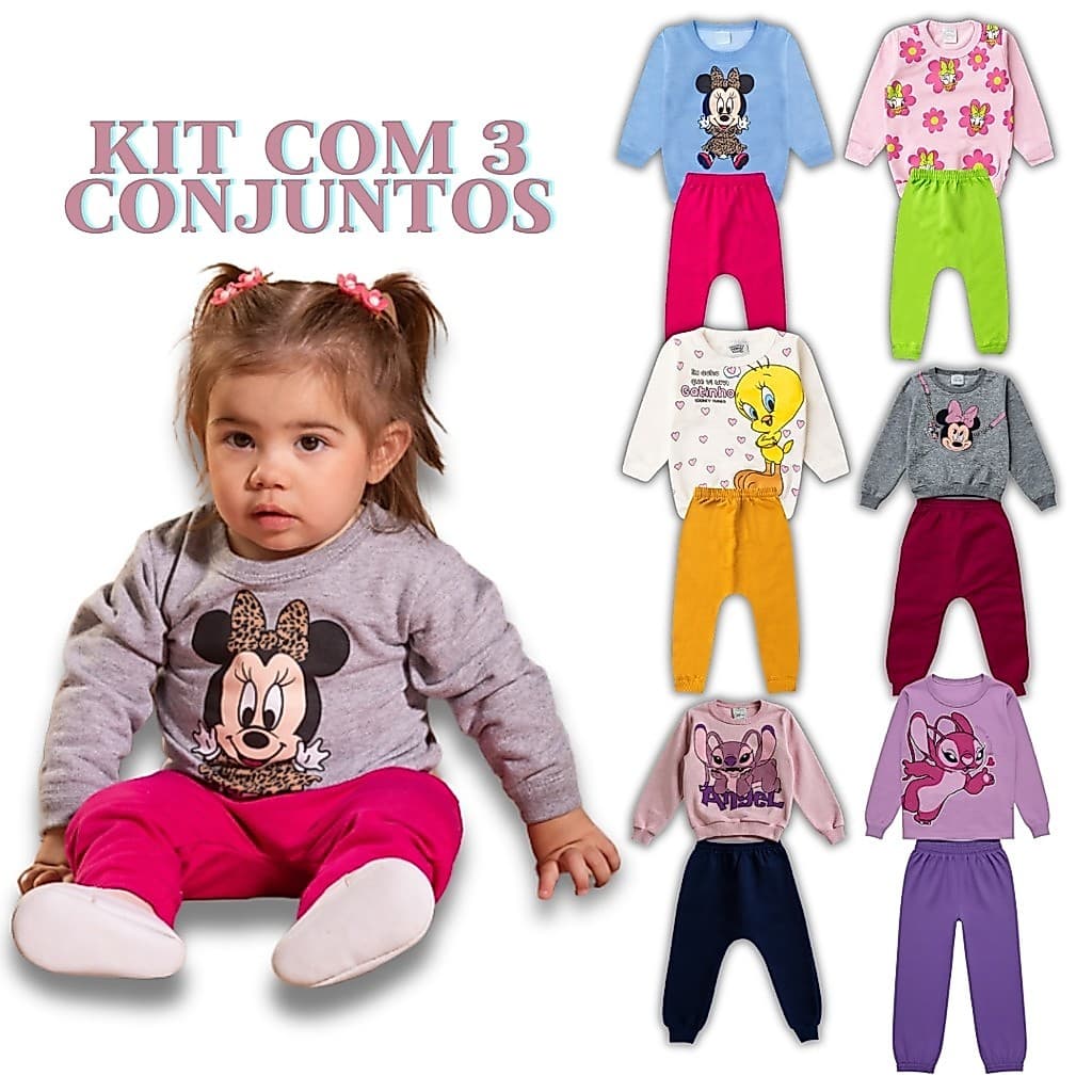 Kit 6 Peças Conjunto Moletom Infantil Menina Bebê P ao 3 Feminino Frio Inverno Personagens Minnie