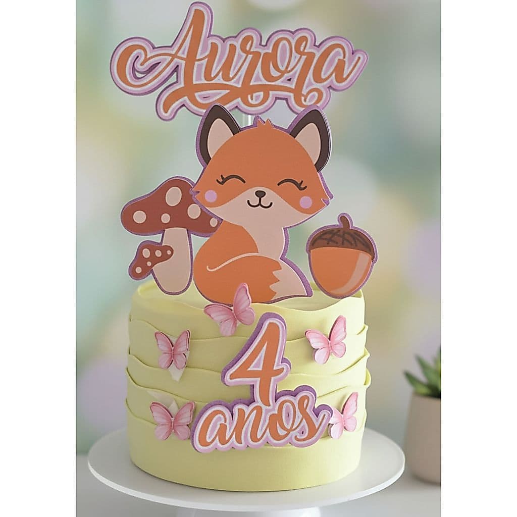 Topo de Bolo Raposinha Personalizado | Mesversário Bebê Menina | Nome + Idade | Tema Bosque Encantado | Luxo ou Impresso