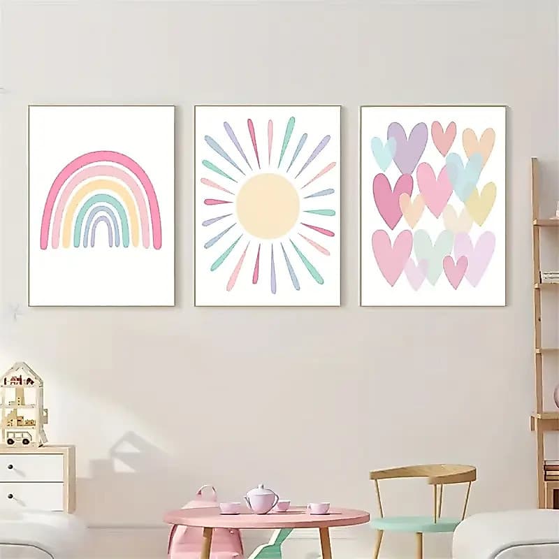 Quadro Decorativo Arco-íris Coração Rosa Lilás Decoração Quarto de Menina 3 Peças