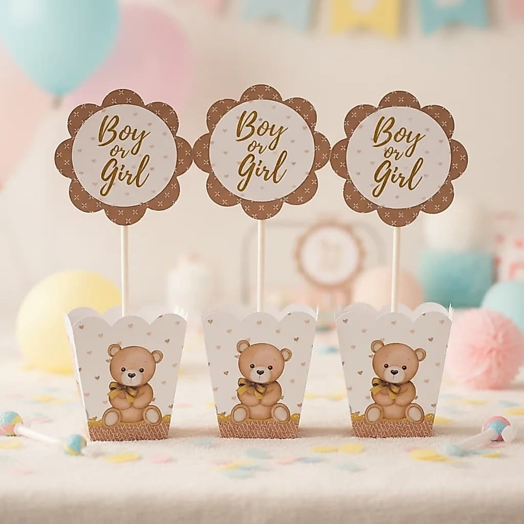 Kit 12 a 30 Centro de Mesa CHÁ REVELAÇÃO URSINHO Neutro Cachepo Urso Bege Lembrancinha Pegue e Monte NÃO É PERSONALIZADO