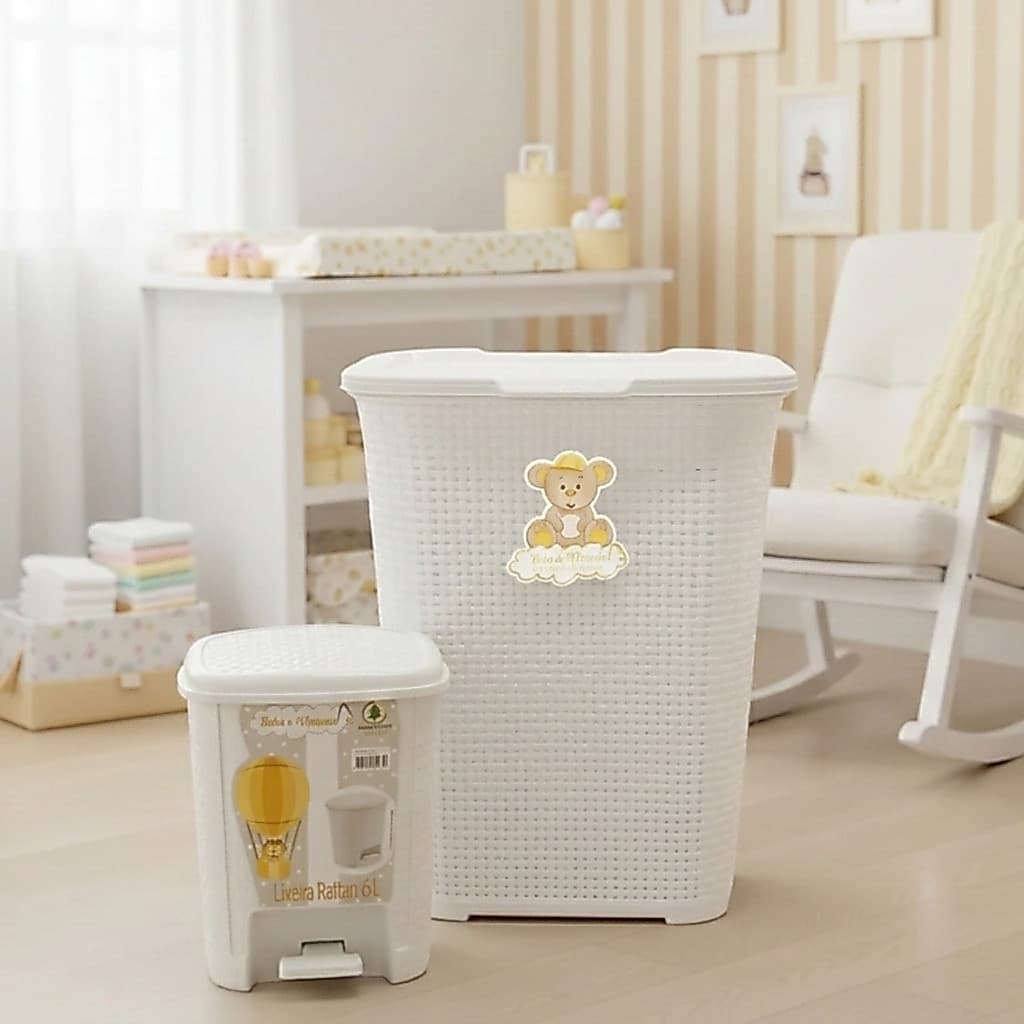 Kit Quarto Infantil Bebê Lixeira Com Pedal 6L + Cesto Roupas 30L Branco