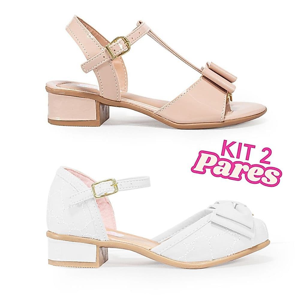 Kit 2 Pares Infantil Menina Sandália e Sapatilha Estilosa Macia Confortável Saltinho Nude Branca