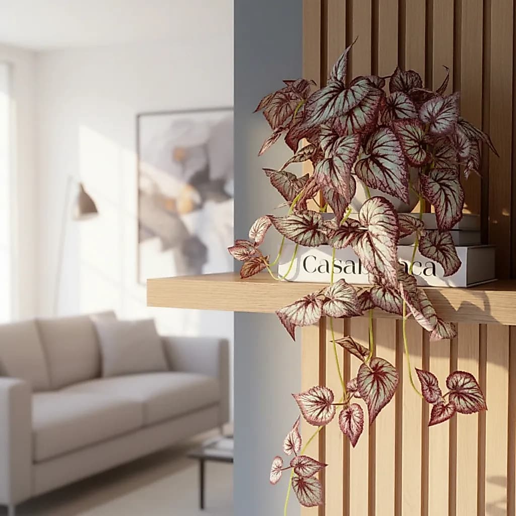 Arranjo Pendente de Folhagem Artificial Begônia Realista 65 cm Vaso de Cerâmica Branco (Arranjo já vai Montado)
