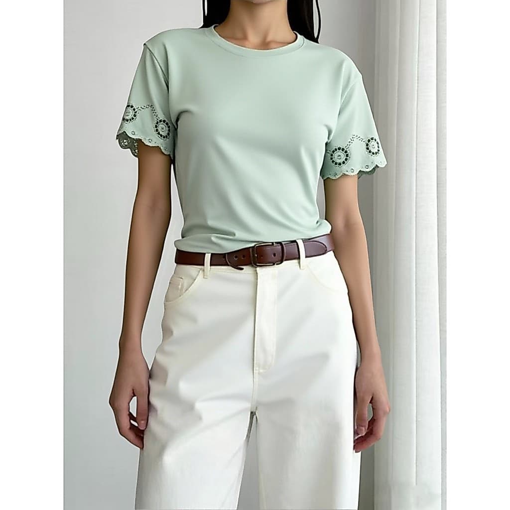 Blusa Simples Liso Feminina Verão Primavera Gola Redonda Com Renda Bordado de ilhó Formato leque Bainha com babado Praia