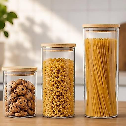 Kit 3 Potes Herméticos Vidro Borossilicato Redondo Tampa Bambu 700ml 1100ml 2000ml Mantimentos Cozinha Organizador Jogo