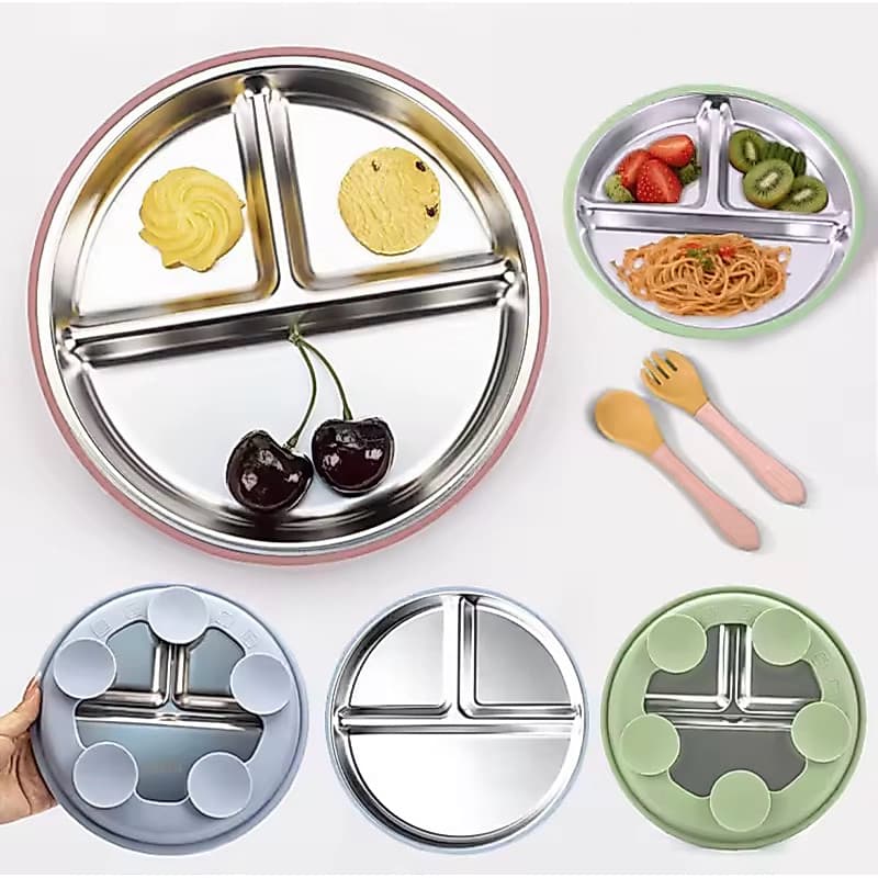 Prato Bebê Infantil 3 Divisórias Inox Silicone Ventosas Unid