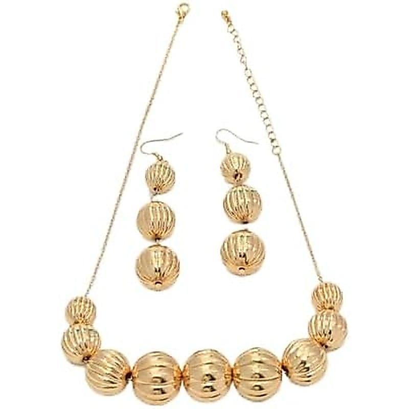 Chunky Lucky Bead Graduado Esfera Com Nervuras Colar Brincos Conjunto De Jóias Para Mulheres Declaração Glam Elegante Fe
