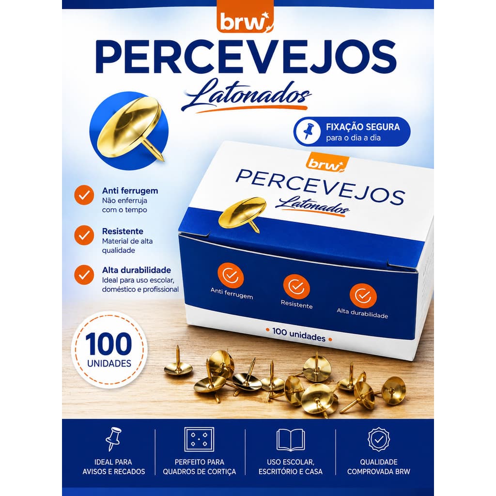Percevejos Latonados BRW – 100 Unidades Ideal Para Quadro de Cortiça ou Feltro