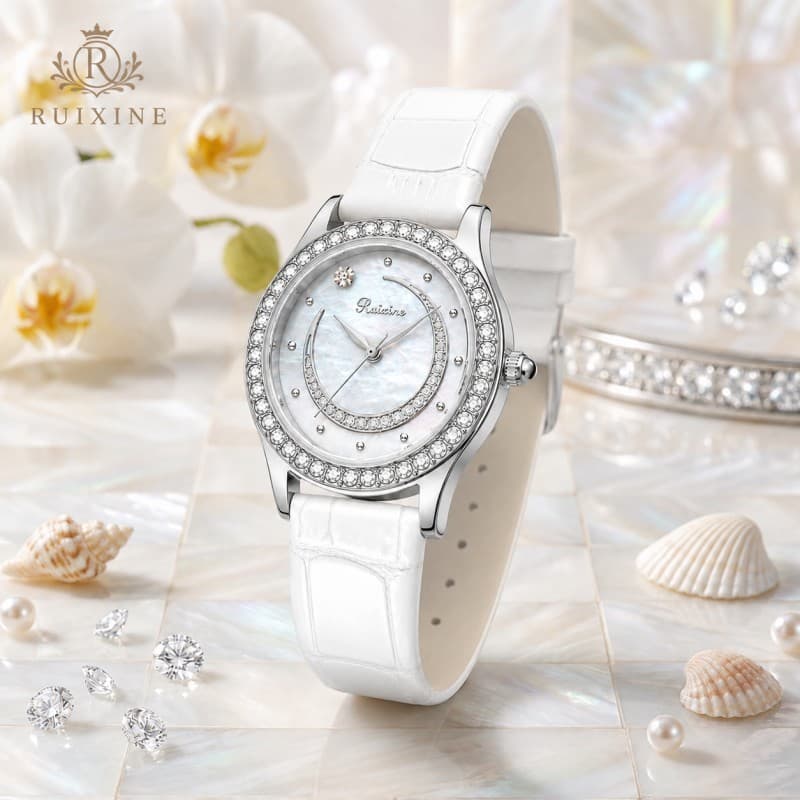 RUIXINE Relógio Feminino Luxo Quartzo Madrepérola Cristais Pulseira de Couro Branco 30M Elegante R-2308