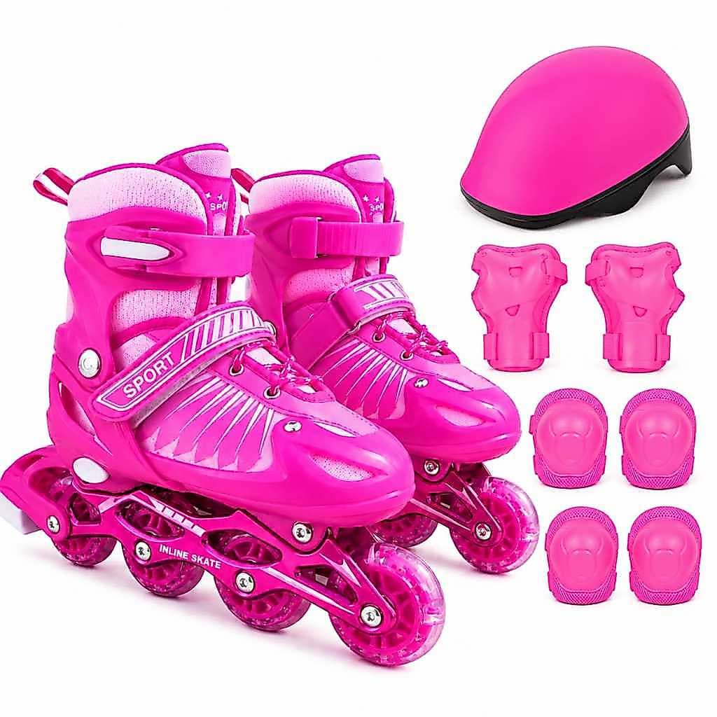 Patins Roller Infantil 4 Rodas Inline Rosa Com Led + kit Proteção