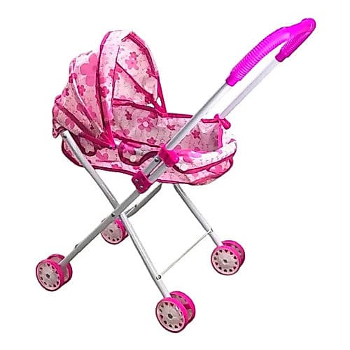 Carrinho Boneca Berço 4 Rodas Ferro Dobrável Rosa Portátil Rosa