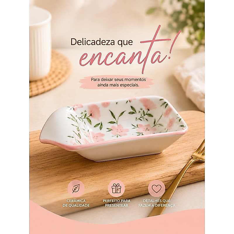 Travessa Sobremesa em Cerâmica 12x8cm com flores rosa