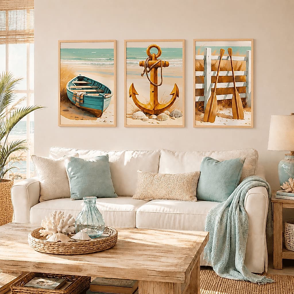 Quadro decorativo 3 peças Praia Canoa Âncora decoração quarto sala interiores