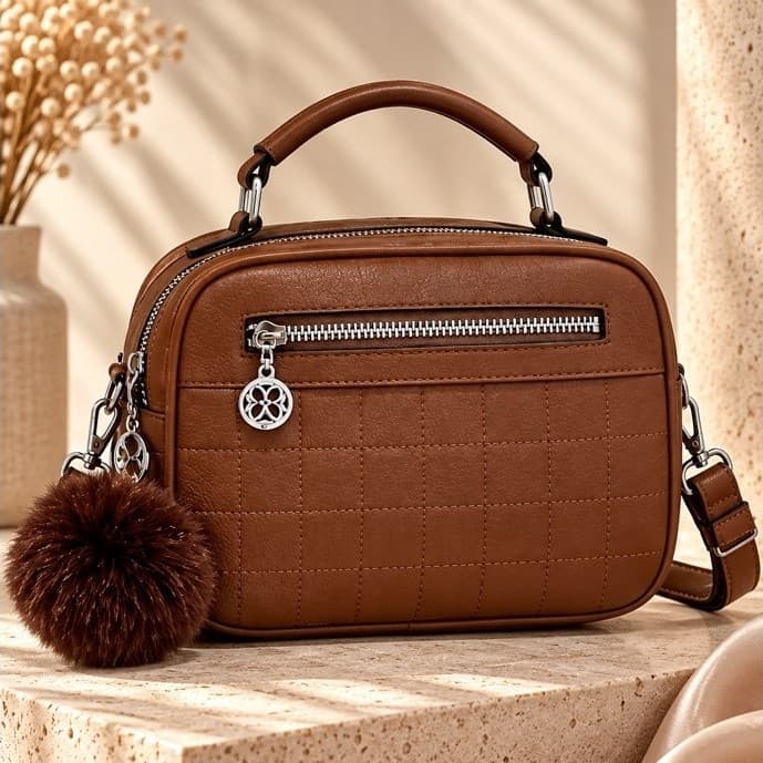 Bolsa Feminina Transversal Pequena com Alça Ajustável | Bolsa de Mão Tiracolo com Zíper, Chaveiro Pompom e  Matelassê