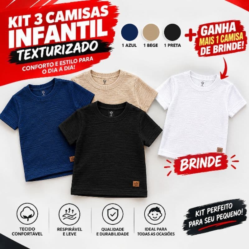 kit 3 camisa infantil de menino  3 cores masculino