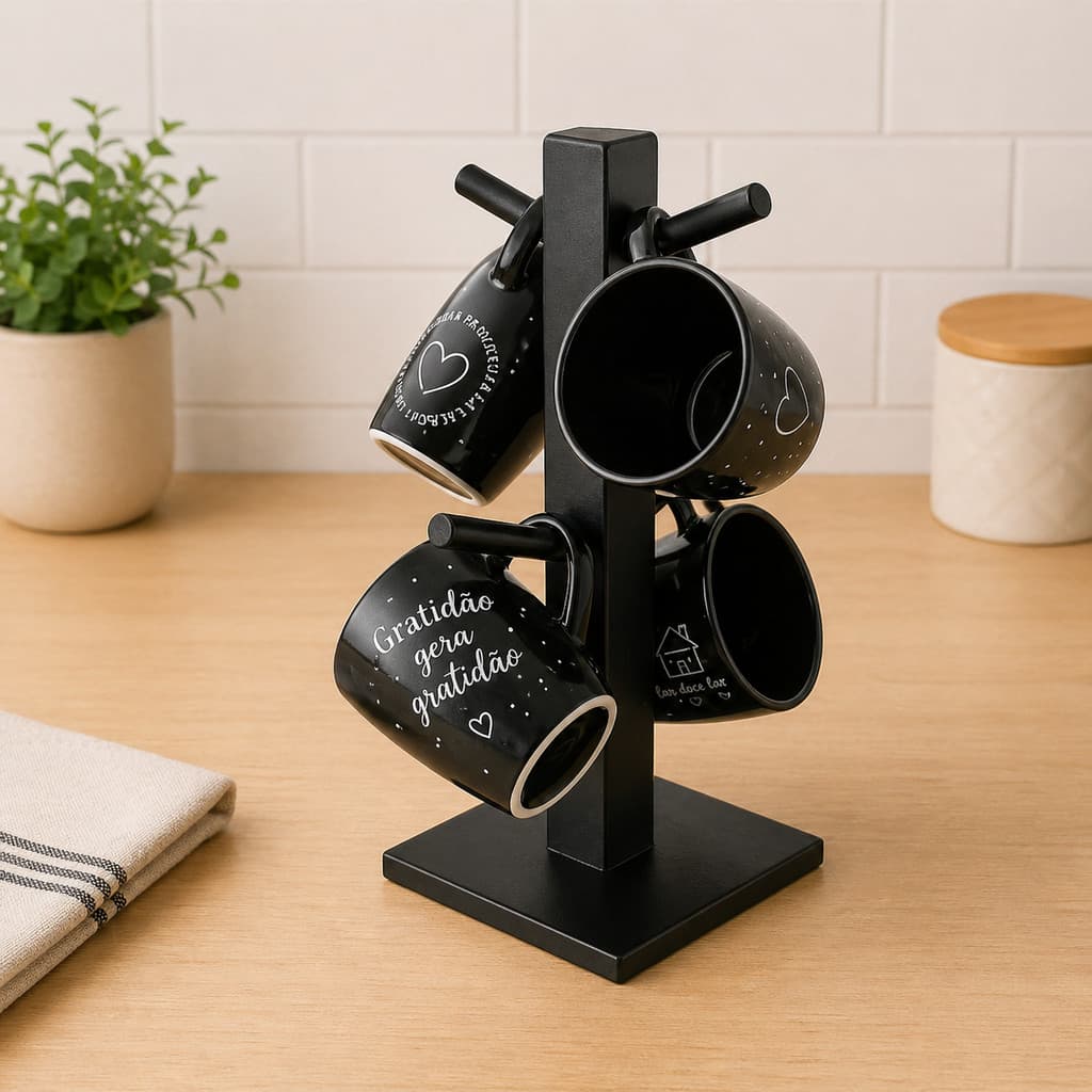 Kit 4 Xícaras Tulipa 120ml Frases Suporte Madeira Casa Cozinha Decoração Presente
