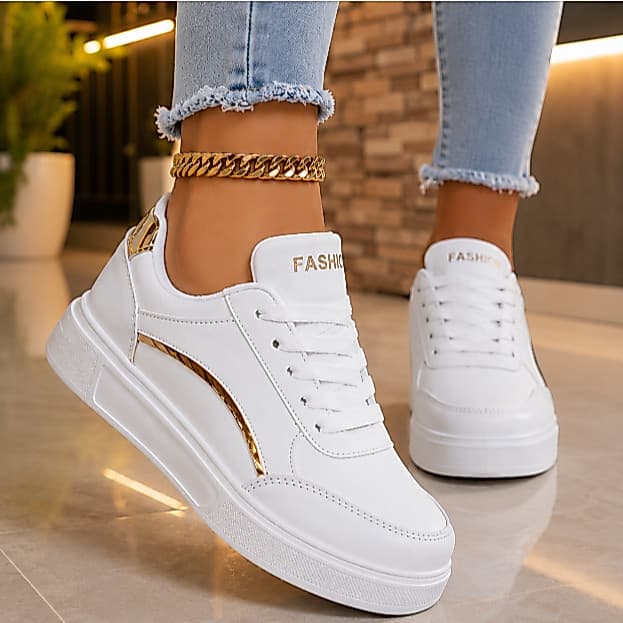 Tênis Feminino Casual Blogueira Detalhe Dourado Confortável Moda e Estiloso Envio Rápido