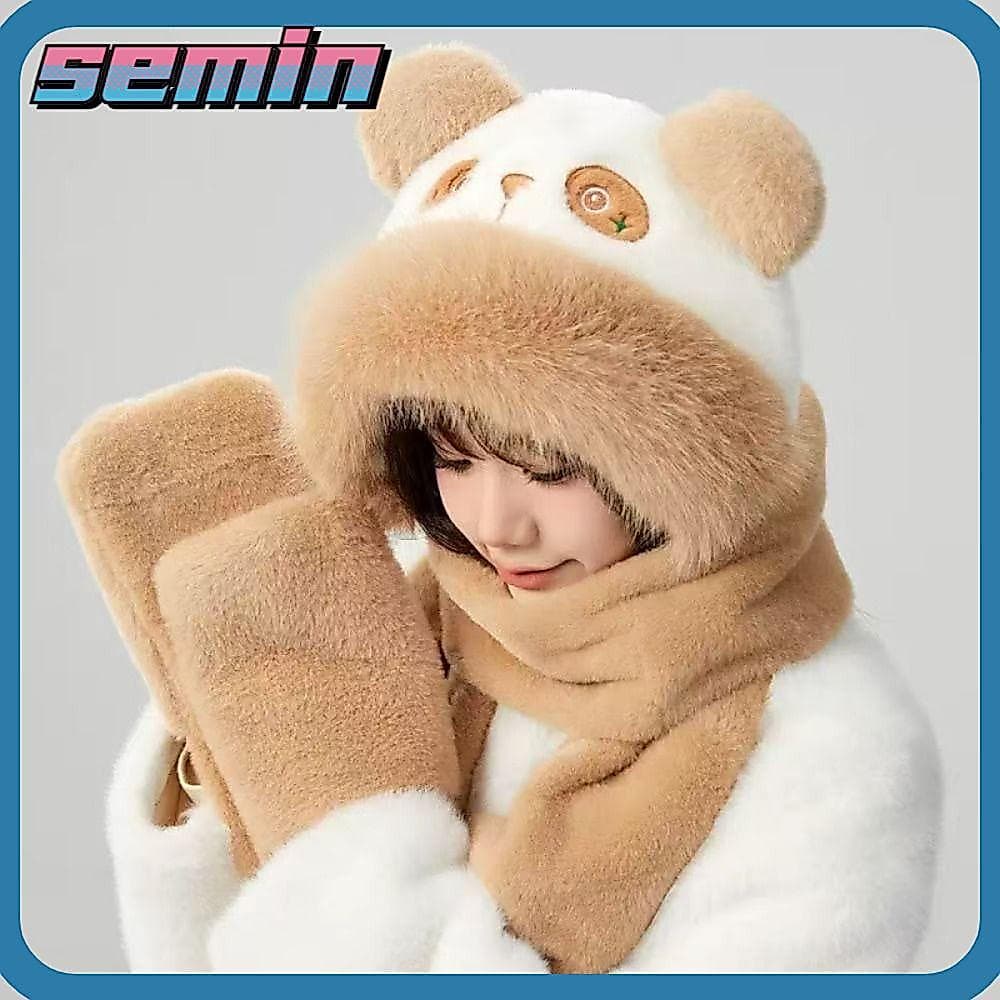 Gorro Feminino de Pelúcia com Proteção para as Orelhas, com Laços, Bonito, Grosso e Quente, Padrão Pan SXDE