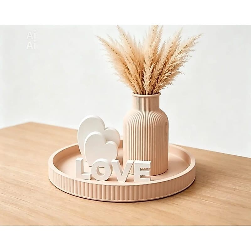 ​Kit Decorativo Boho Bandeja Redonda Vaso Canelado Corações E Palavra Love Centro De Mesa​