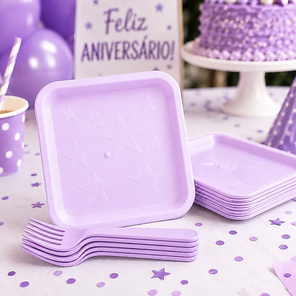 Kit Festa 10 pessoas Prato e Garfo Lilás Aniversário Chá de Bebê Revelação