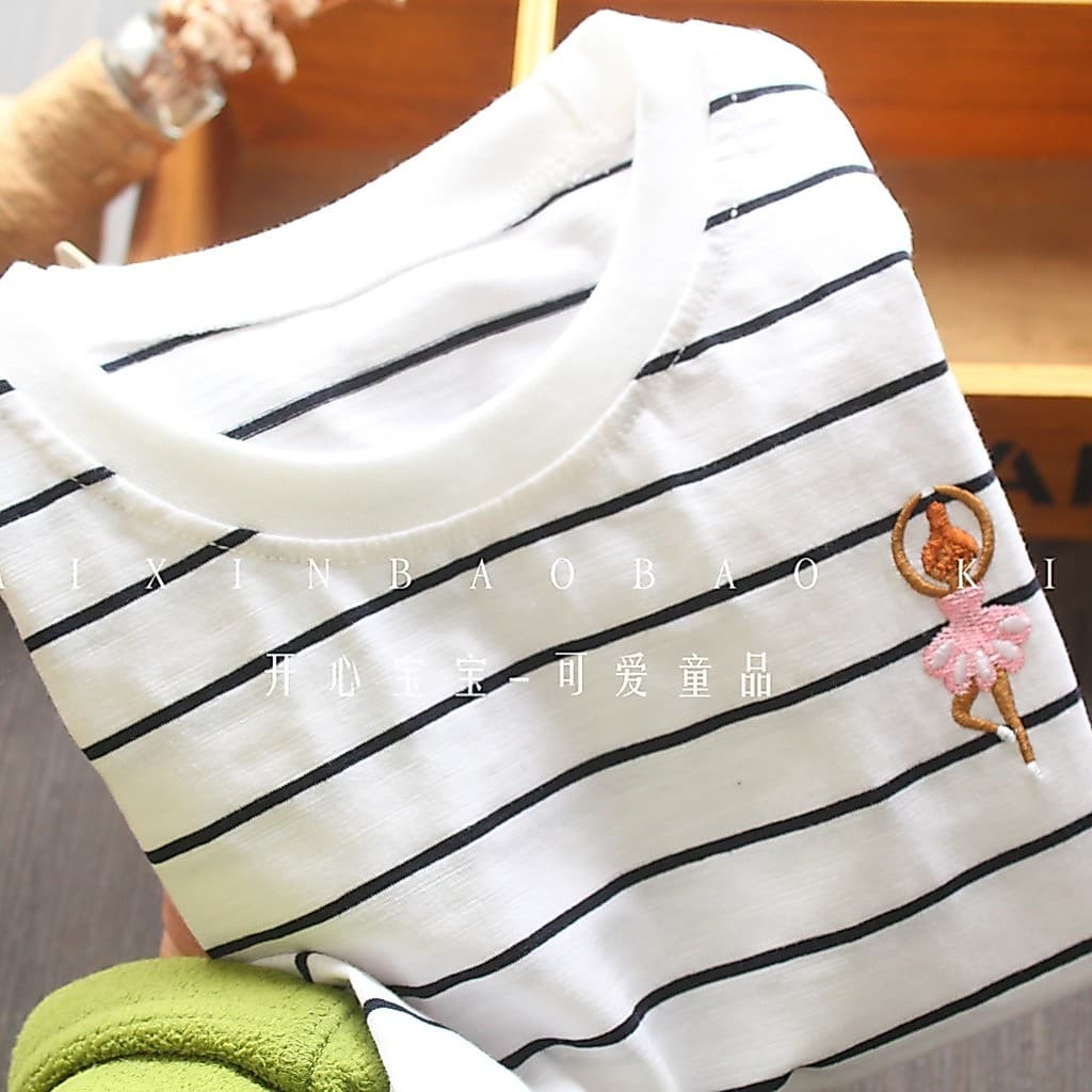 Meninas listrado camiseta verão novo estilo europeu americano médio pequeno crianças estilo ocidental em torno do pescoç