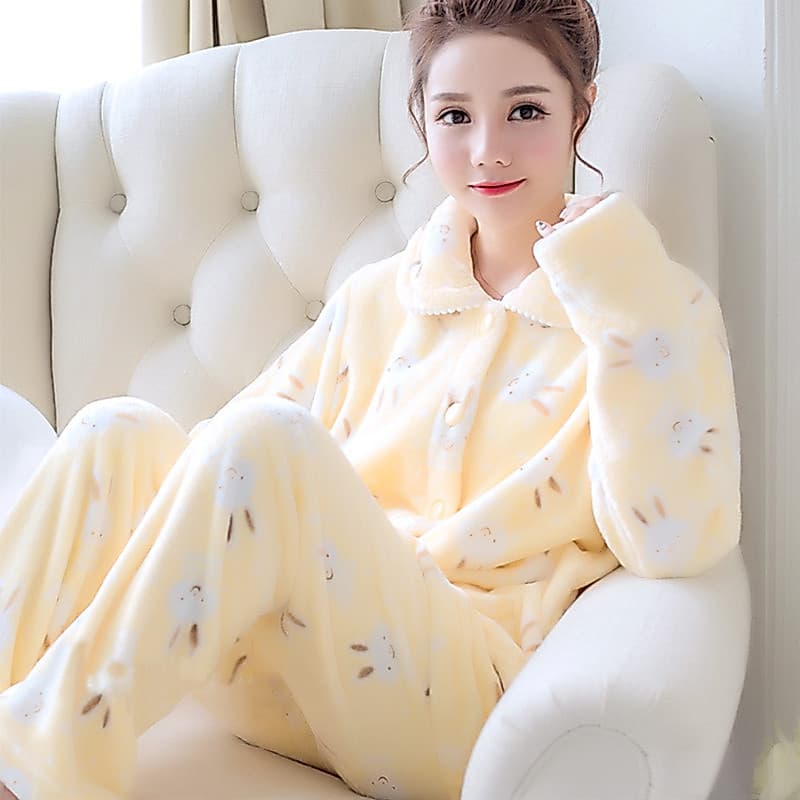 Outono inverno Coral velo pijamas feminino velo engrossado flanela inverno quente terno doce bonito inverno roupas para