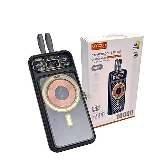 A'Gold Carregador Power Bank 10.000mAh BTE-26 Turbo Ultra Rápido por Indução 15W com Tela LED