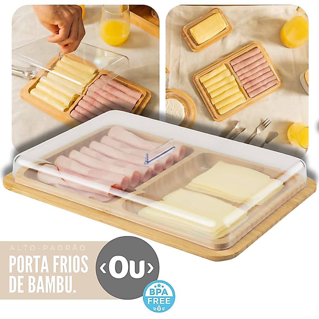 Porta Frios Duplo, Base De Bambu Com Tampa Mesa Posta Queijo OU