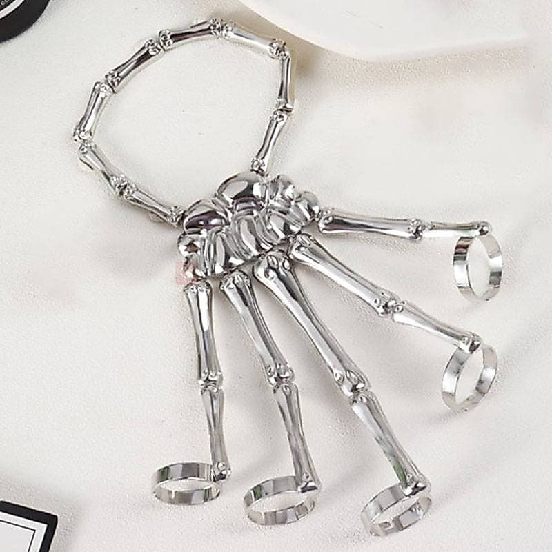 [gongj] Pulseira Punk Esqueleto Mão Osso Cinco Dedos Anel Ajustável De Halloween