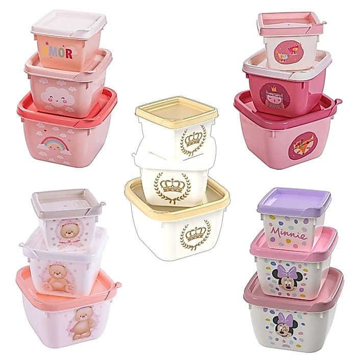 Conjunto de Potes de Plástico Infantil Bebê Conect 3 Unidades Quadrados Meninas - Plasútil