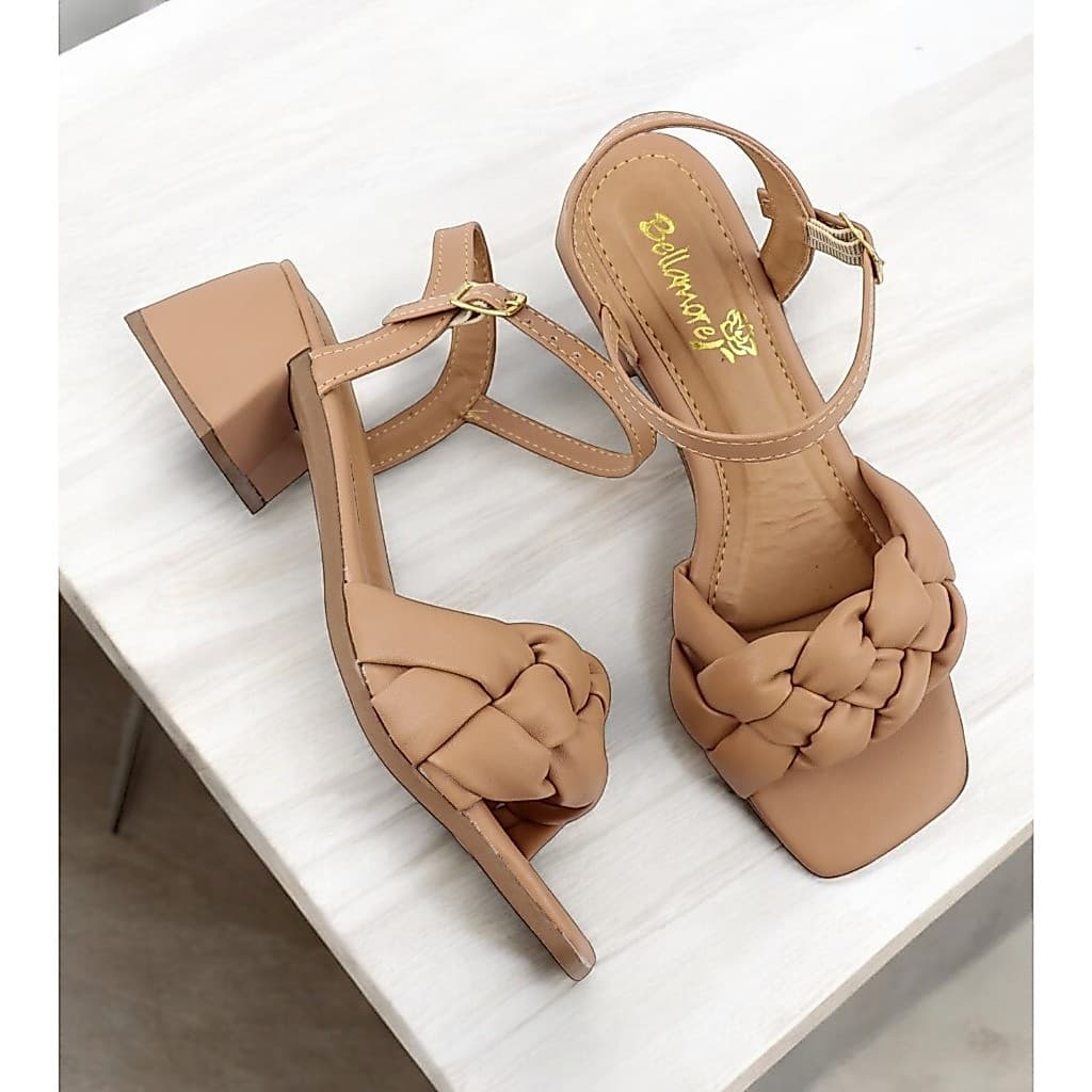 Sandália Feminina Salto Baixo Bico Quadrado 5cm Com Trança Cores Nude,Offwhite,Branco Palmilha Macia