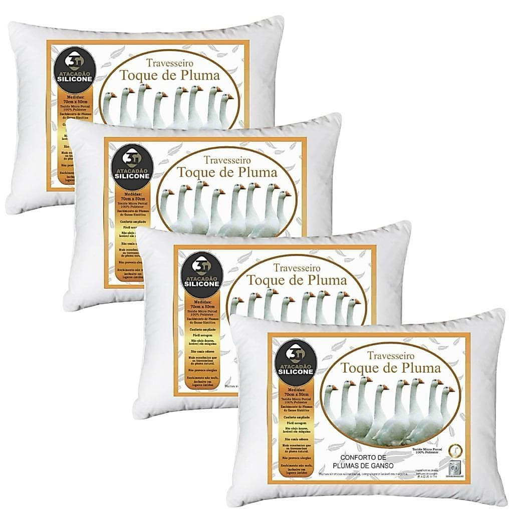 Kit 4 Travesseiros Plumas de Ganso Antialérgico 70x50cm Promoção
