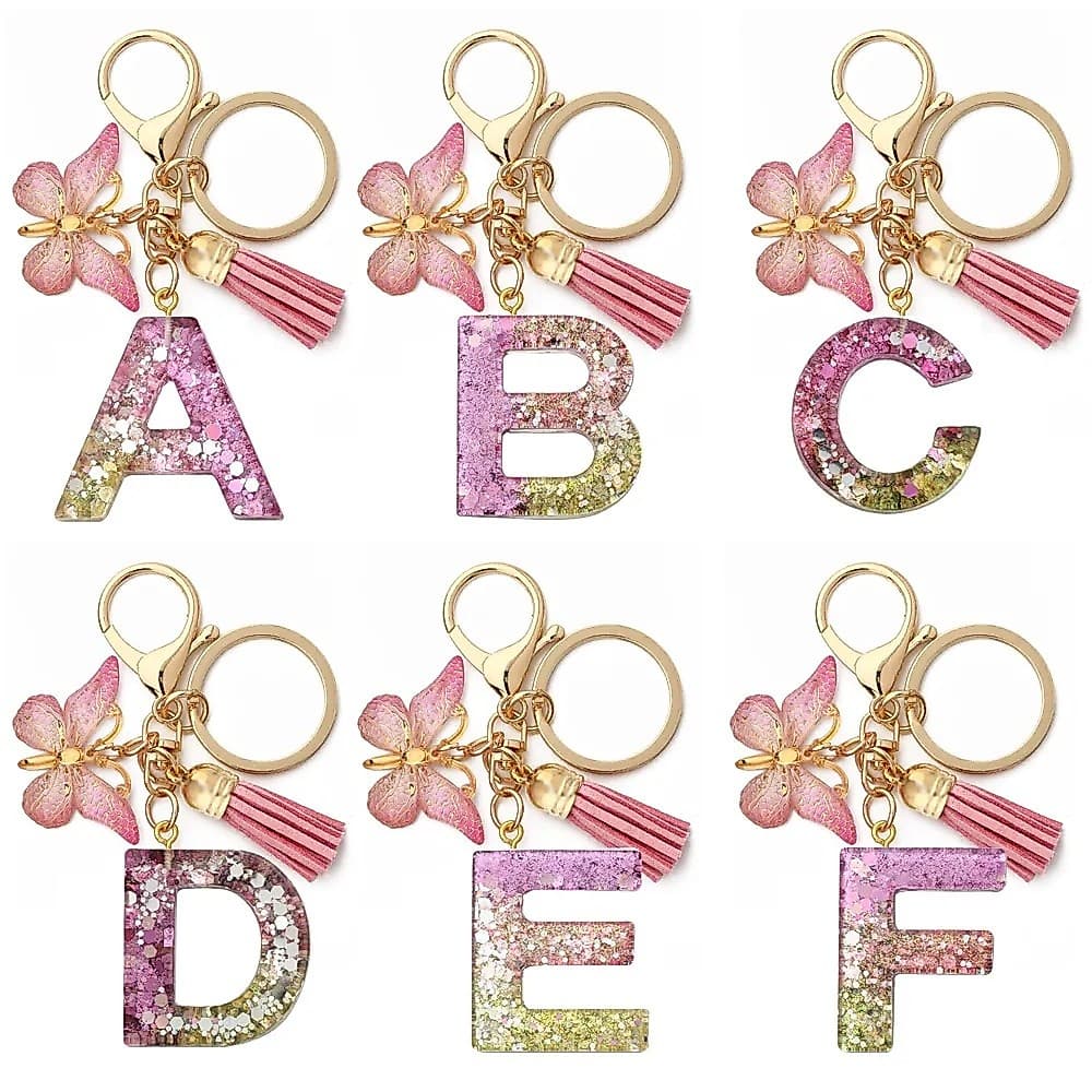 Pingente Borboleta Rosa 26 Chaveiro Inicial A-Z Com Borlas Para Porta-Chaves Feminino De Resina Carteira De Carro Acessórios Bolsa De Mão