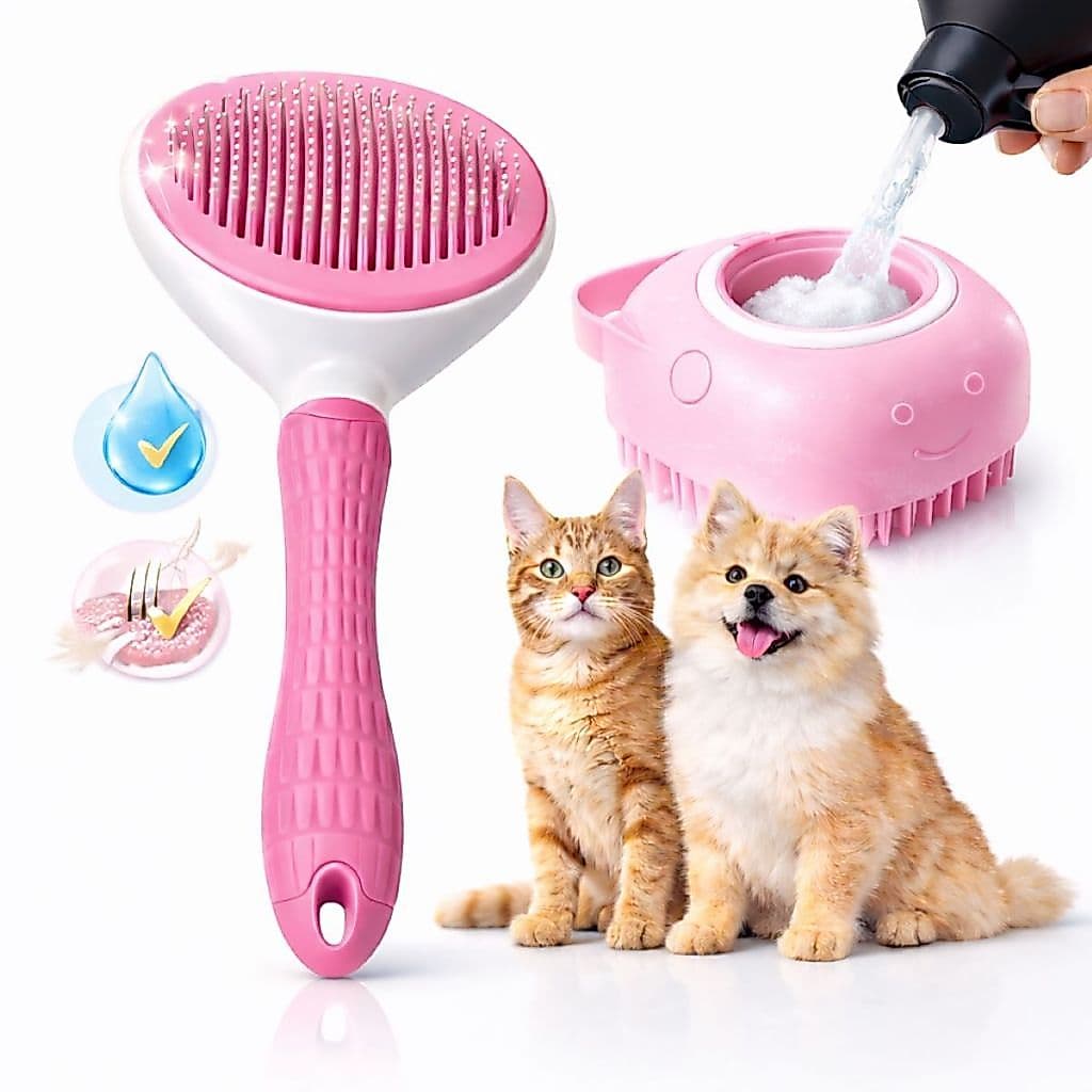 Kit Escova Rasqueadeira Automática Tira Pelo + Lava Pelo Banho Silicone Dispenser Shampoo Cães Gatos
