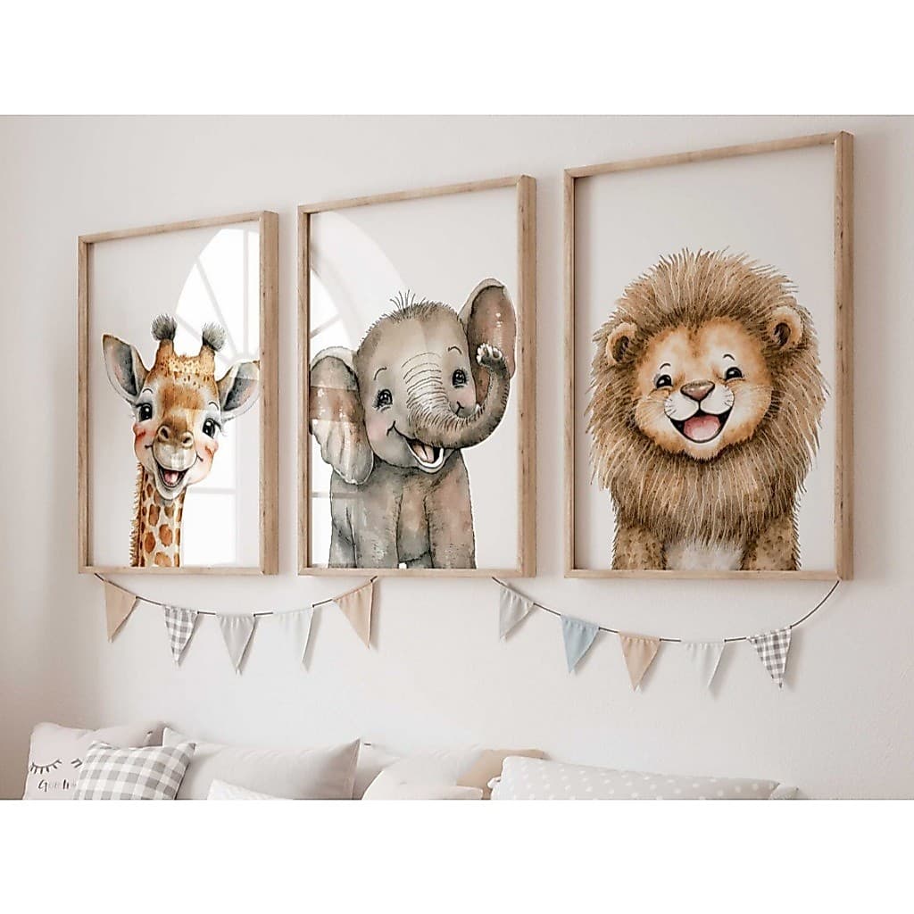 Kit com 3 Quadros Decorativos Infantil com Moldura Safari Animais Baby Girafa Quarto Menina Bebê