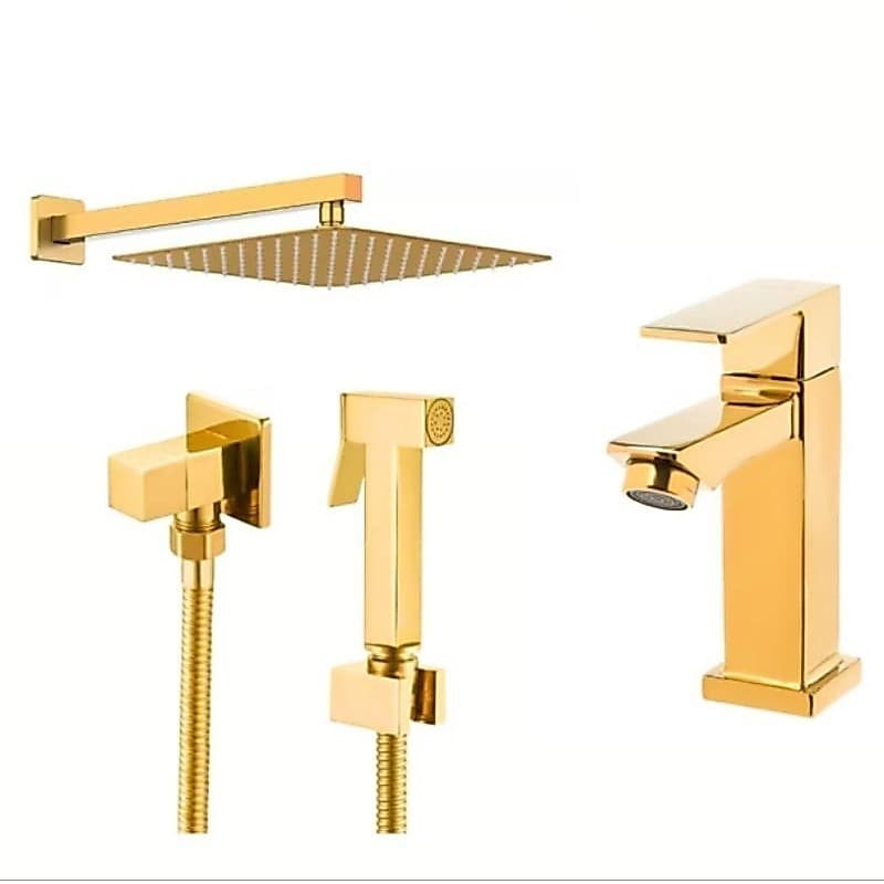 Kit Banheiro Chuveiro + Ducha +Torneira DOURADO GOLD Brilhante Luxuoso Resistente Design