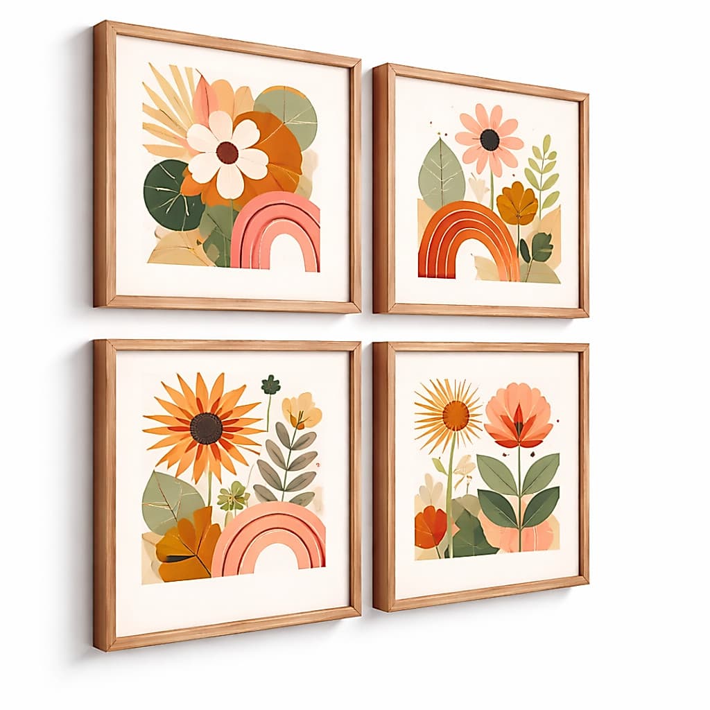 Kit Quadros Decorativos 4 Peças Boho Chic Botânico Floral Colorido Decoração Casa Mdf Placa Parede Adesivo