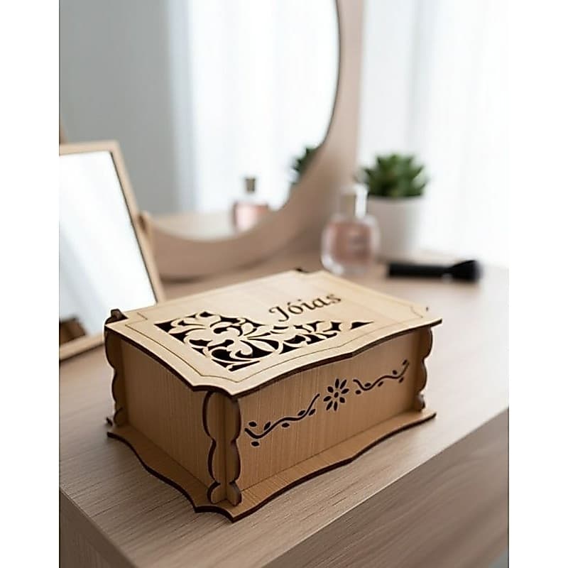 Caixa Porta Joias em MDF Pintada com Encaixe e Tampa Vazado a Laser – Design Floral Artesanal