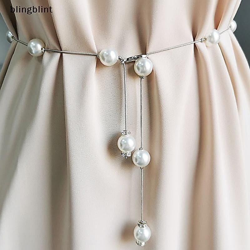 [blingblint] Cinto Feminino Pérola Com Corrente Fina Para Vestido Cintura Skinny Decorativa BR