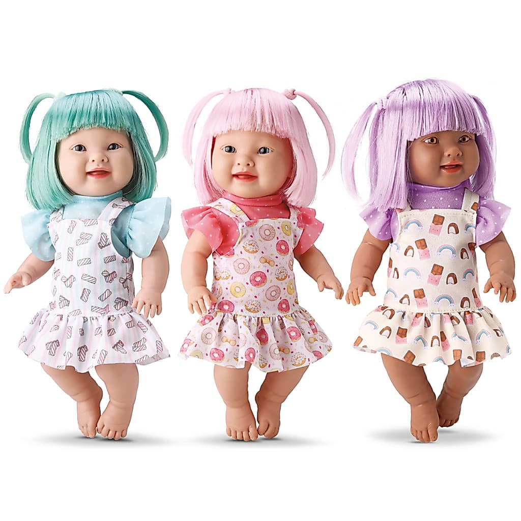 Boneca Bebê Menina Em Vinil Macio Com Roupinha De Docinho Marshmallow Donuts Chocolate