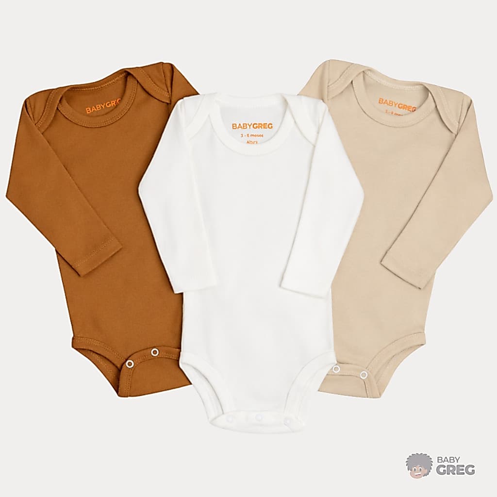 Kit 3 Body Minimalista Suedine Para Bebê Liso Manga Longa 100% Algodão RN/P/M/G/GG Baby Greg