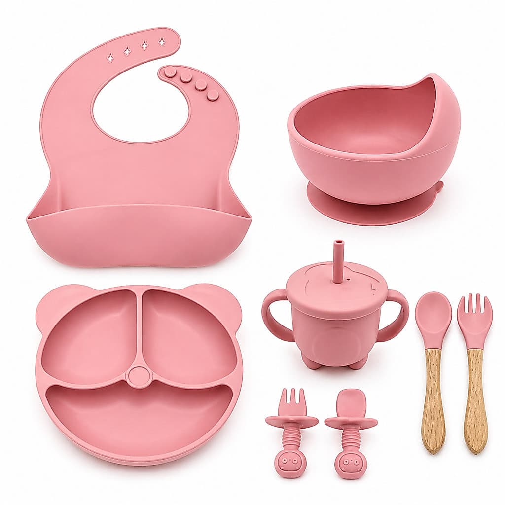 Kit Alimentação Bebê Silicone Prato Ventosa Babador Copo Colher Garfo Livre BPA Infantil