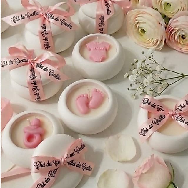 10/20/30 Velas COM FITAS PERSONALIZADAS no pote de gesso lembrancinhas chá bebê / maternidade