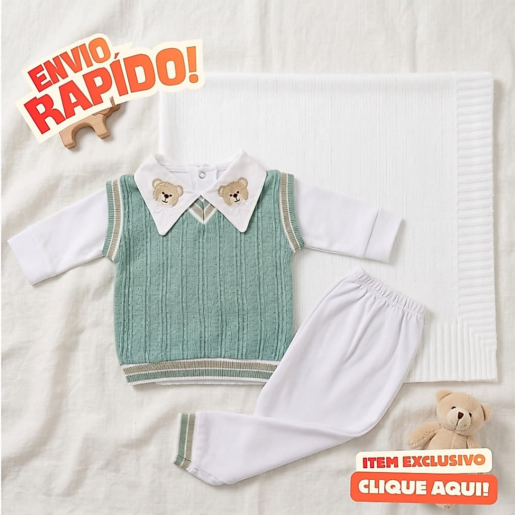 Saída Maternidade Bebê Recém-nascido Menino 4 Peças Body Gola Bordada + Suéter + Manta Tricô 4 Peças