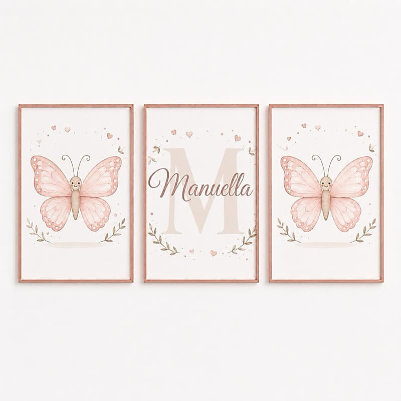 Kit 3 Quadros Decorativos Infantil Borboleta Rosa Personalizado com Nome