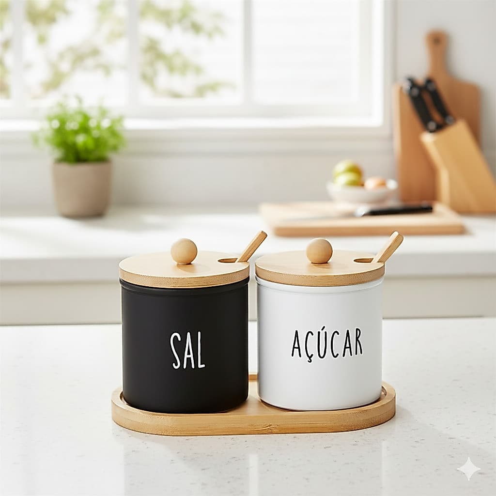 Conjunto Saleiro e Açucareiro de Vidro com Suporte Bambu Hauskraft Premium