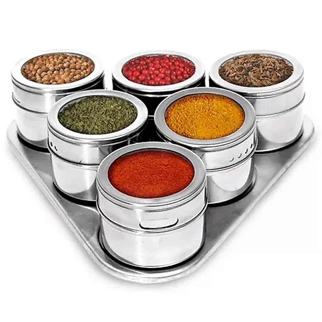 Porta Tempero Condimentos Magnetico 6 Potes Inox Organizadores Parede Geladeira Prateleira Cozinha Restaurante Casa