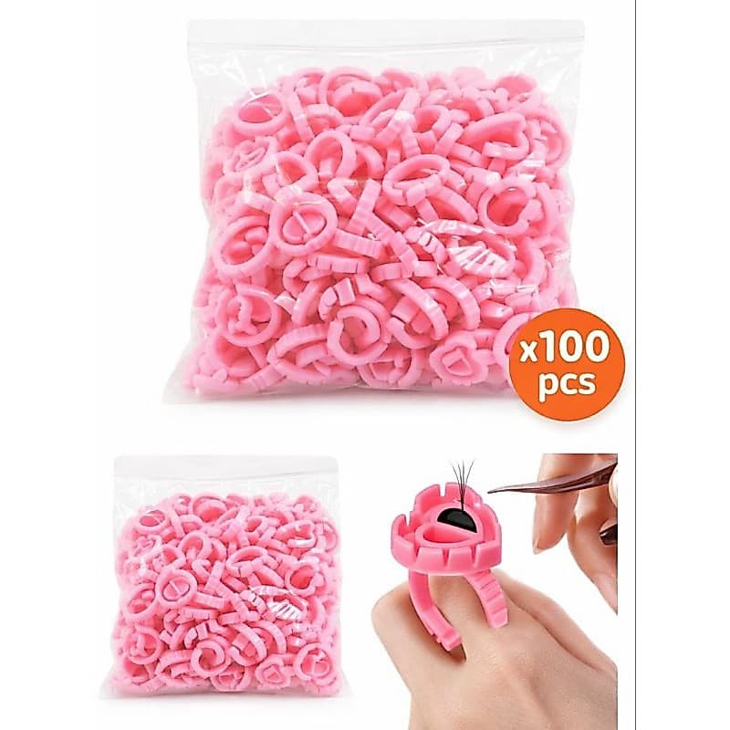 Anel Porta Cola para Cílios Kit 100/200 Unidades Rosa Ajustável Profissional Lash Designer